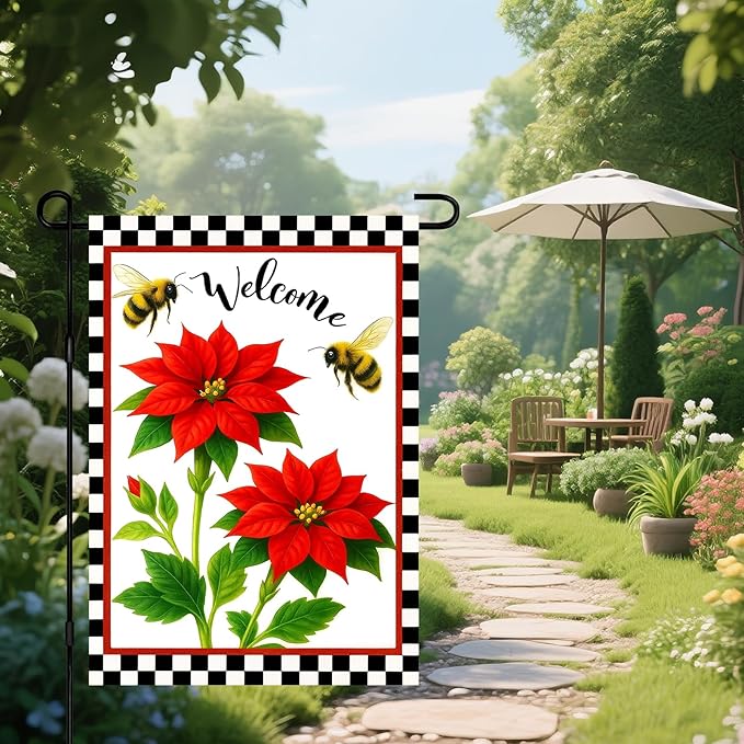 IVN Floral Welcome Garden Flag 12x18 Inch Double Sided Yard Flag Double Sided Bee Red Flowers Decorative Small Flags for Outside Seasonal Farmhouse Yard Outdoor Decoration Flags