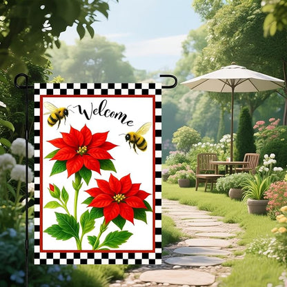IVN Floral Welcome Garden Flag 12x18 Inch Double Sided Yard Flag Double Sided Bee Red Flowers Decorative Small Flags for Outside Seasonal Farmhouse Yard Outdoor Decoration Flags