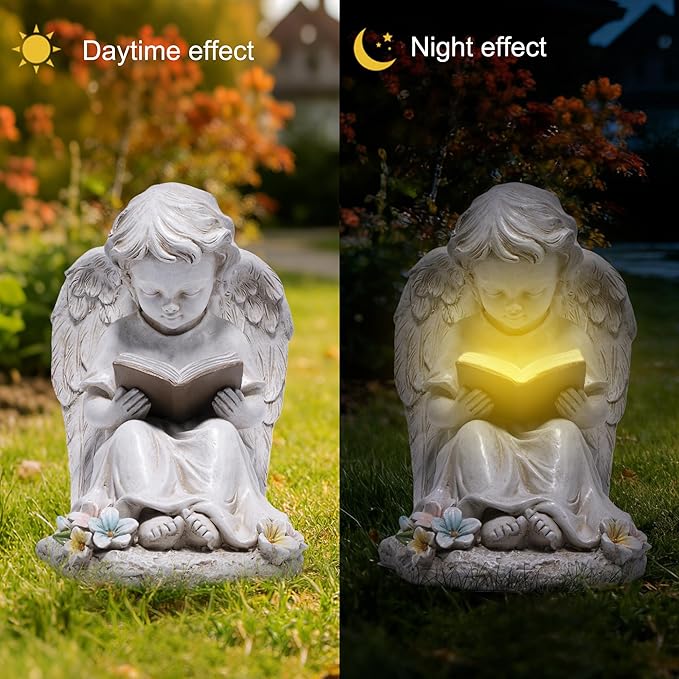 basen Solar Angel Garden Statue with LED Lighted Book, Resin Outdoor Guardian Angel Figurine, Waterproof Lawn Yard Patio Decor, Memorial Sympathy Sculpture for Porch Backyard Gift