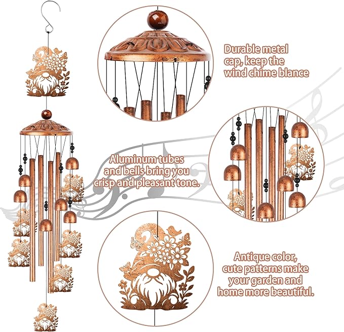 Gnome Wind Chimes for Outside, Garden Gnome Gifts for Women Men Metal Windchimes Outdoors, Floral Hat Design Home Garden Patio Yard Decor