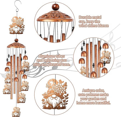 Gnome Wind Chimes for Outside, Garden Gnome Gifts for Women Men Metal Windchimes Outdoors, Floral Hat Design Home Garden Patio Yard Decor
