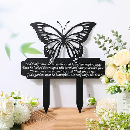 Buryeah Grave Decoration for Cemetery Butterfly Memorial Stake Headstone for Grave Memorial Garden Decor Waterproof Double Sided Print Metal Cemetery Marker, 13.19 x 11.81 Inches(Classic Style)