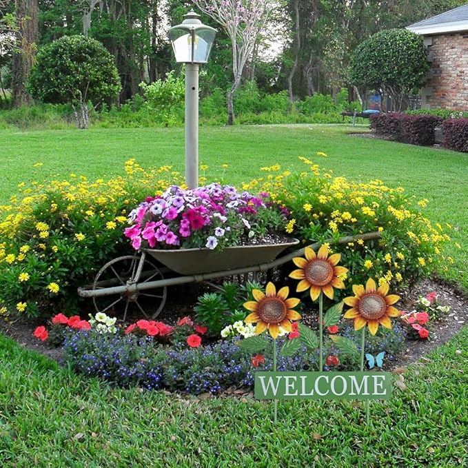 hogardeck Garden Decor for Outside, Metal Sunflower Butterfly Decorative Garden Stakes for Spring Decor, Yard Art Welcome Sign for Outdoor Lawn Porch Pathway Backyard Patio Decorations
