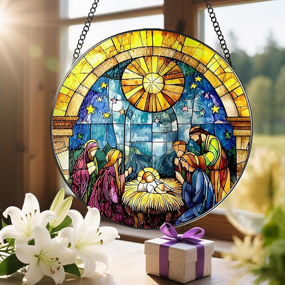 8'' Stained Glass Window Hanging, Nativity Scene Ornament, Christian Christmas Ornament, Holy Family Decoration, Religious Decor, Gift for Christmas, Religious Gifts, Christian Gifts