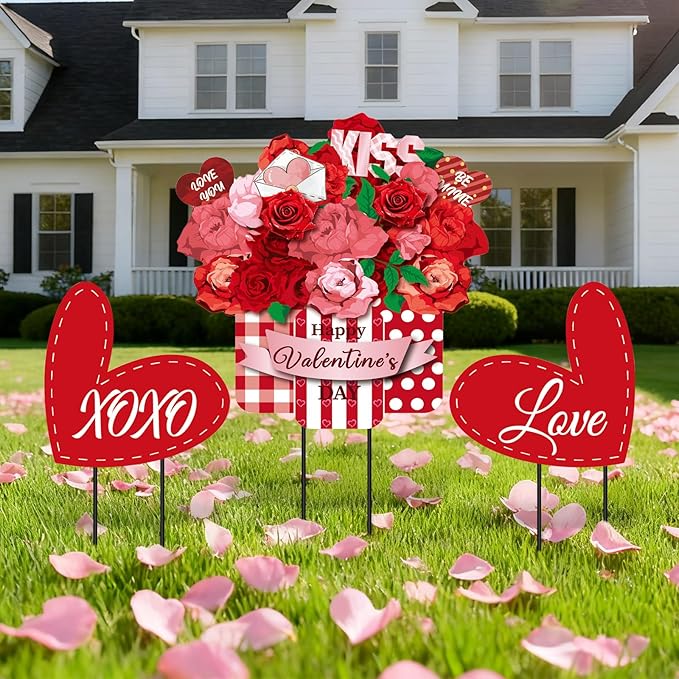 3 Pcs Valentines Metal Yard Signs and Hanging Wall Sign, Outdoor Valentines Metal Yard Stakes Heart Welcome Sign for Indoor Front Door Lawn Walkway Anniversary Wedding Party