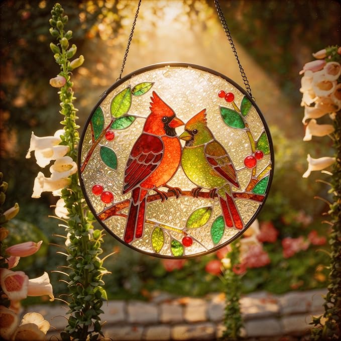 LITIVY Stained Glass Window Hanging – Cardinal Birds on A Branch Suncatcher – Mother’s Day Memorial Gift, 8 Inch Rainbow Maker & Sun Catcher Decor for Windows, Whimsical Gifts for Women