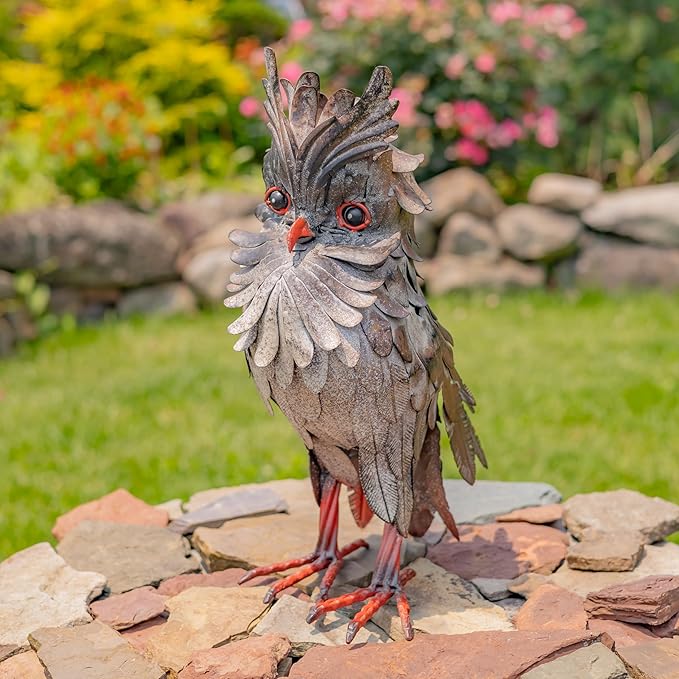 Zaer Ltd. Great Horned Owl Metal Garden Accent, Indoor/Outdoor Decor, Hand-Painted Black-Grey Finish (16" Tall Hickory)
