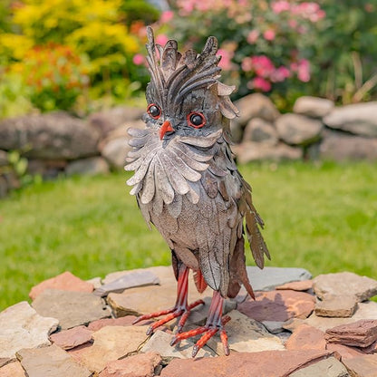 Zaer Ltd. Great Horned Owl Metal Garden Accent, Indoor/Outdoor Decor, Hand-Painted Black-Grey Finish (16" Tall Hickory)