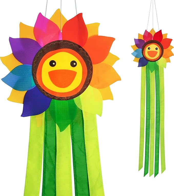 emma kites Smiling Sunflower Rainbow Windsock Hanging Décor Outdoor Windsock for Garden Backyard Balcony Porch Campsite Tent Awing Festival Party Decoration 42-INCH