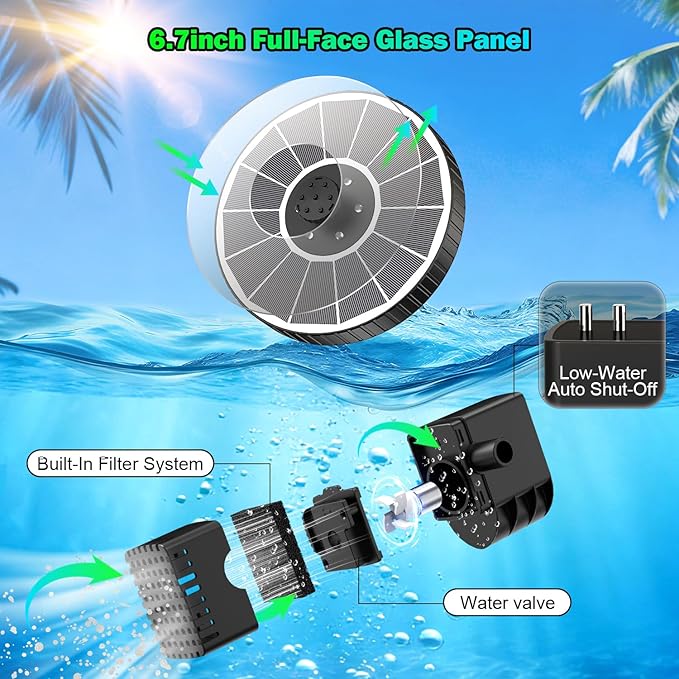 SZMP 3.5W Glass Solar Fountain with Swivel-Out Fixed Rods, Solar Bird Bath Fountains with LED Lights and 2000mAh Battery, 7 Nozzles, Outdoor Solar Water Fountain Pump for Garden, Pool, Pond (White)