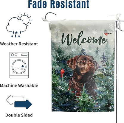 Welcome Winter Garden Flags Chocolate Lab Garden Flag Cardinal Birds on Snowy Pine Tree Flag Labrador Dog Yard Flags for Outside 12x18 Double Sided Christmas Decorative Lawn Flags