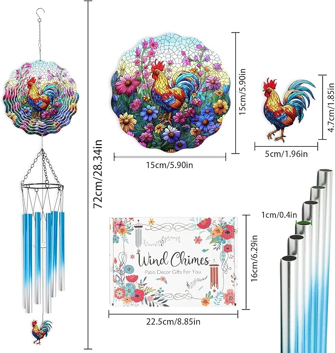 Rooster Hanging Wind Chime for Outside - Stainless Steel Wind Sculpture Chicken Wind Spinners Outdoor Farmhouse Art Ornaments with Card for Garden Yard Balcony Patio Lawn Decorations