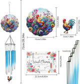 Rooster Hanging Wind Chime for Outside - Stainless Steel Wind Sculpture Chicken Wind Spinners Outdoor Farmhouse Art Ornaments with Card for Garden Yard Balcony Patio Lawn Decorations