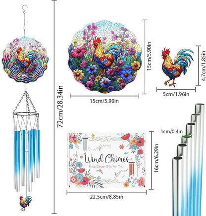 Rooster Hanging Wind Chime for Outside - Stainless Steel Wind Sculpture Chicken Wind Spinners Outdoor Farmhouse Art Ornaments with Card for Garden Yard Balcony Patio Lawn Decorations