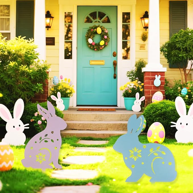 2 Pcs Easter Bunny Yard Signs Iron Rabbit Silhouette Decoration Pink and Blue Metal Rabbit Yard Art for Outdoor Lawn Garden Spring Decor