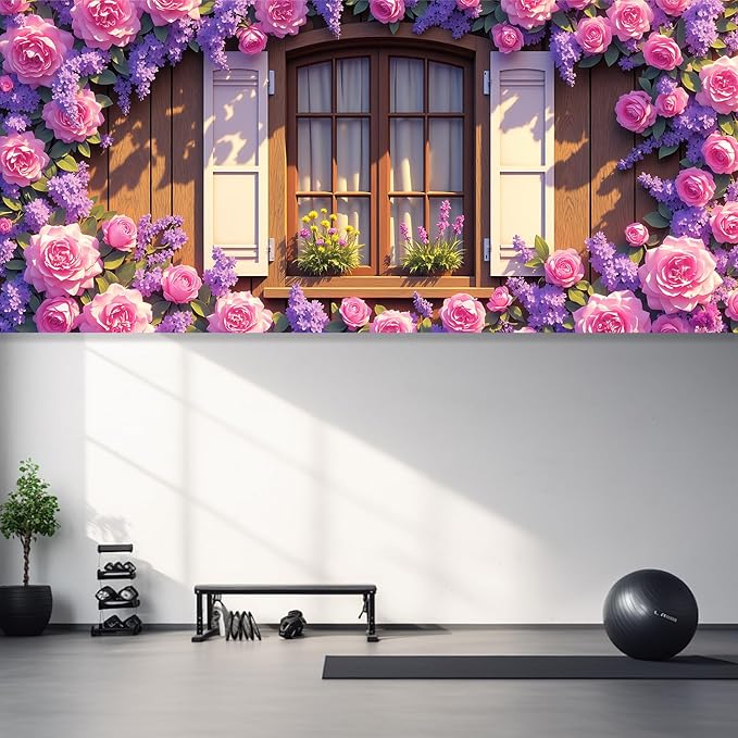 13x6 ft Rose Covered Window Garage Door Banner - Vintage Window with Climbing Flowers Backdrop, Hanging Garage Decor - for Garden Theme Wedding Decor, Romantic Outdoor Wall Sign