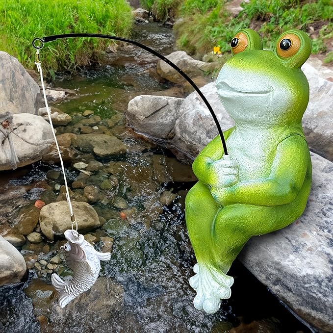 9.5" Fishing Frog Statue, Whimsical Lawn Yard Art, Funny Garden Pond Fisherman Sculpture, Resin Animal Decorative Figurine, Ideal for Frog Lovers