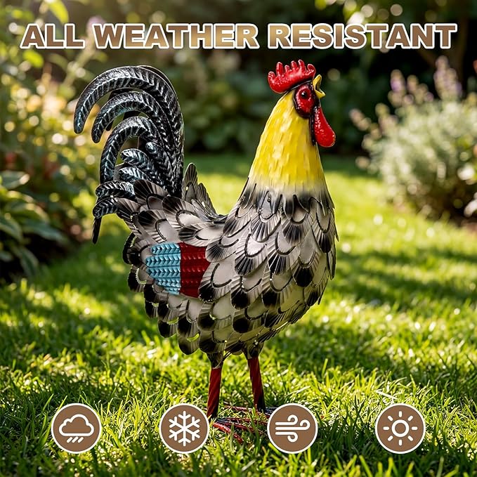 Zhengmy Metal Rooster Garden Statue Lifelike Colorful Metal Rooster Yard Decor Hand-Painted Iron Chicken Sculpture for Patio Lawn Backyard Farmhouse Outdoor Indoor Decoration(Lustrous White)