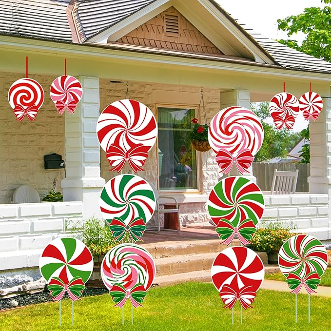 24 PCS Christmas Outdoor Yard Signs Candy Decorations Outdoor Peppermint LED lights Xmas Yard Stakes Hanging Ornaments Holiday Garden Sign
