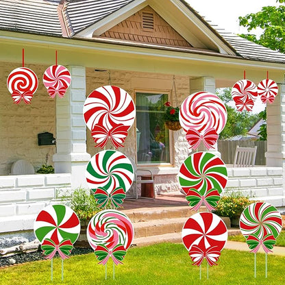 24 PCS Christmas Outdoor Yard Signs Candy Decorations Outdoor Peppermint LED lights Xmas Yard Stakes Hanging Ornaments Holiday Garden Sign
