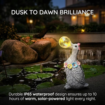 Solar Garden Duck Statue with LED Lights, Waterproof Outdoor Decor for Patio Lawn Yard, Cute Resin Duck Ornament with Unique Bubble Design, Ideal Gift for Women Mom-Gary
