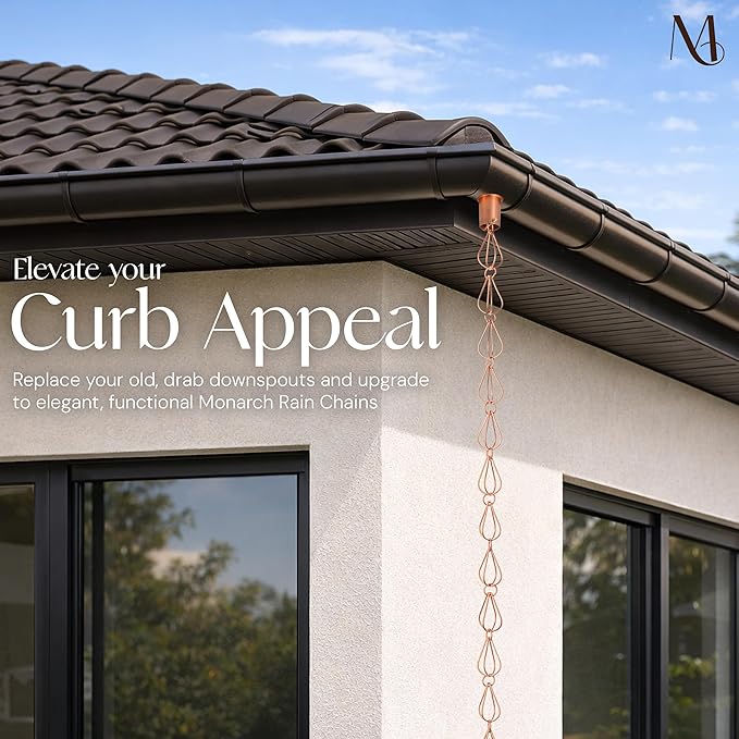 Monarch Rain Chains Pure Copper Teardrop Rain Chains for Gutters – 8.5 ft Decorative Rainchain Outdoor Durable Heavy Duty Gutter Chain Downspout Replacement, Modern Rainchains for Outside