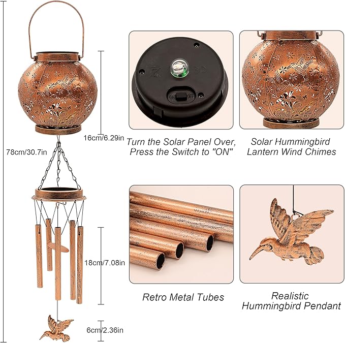 YJFWAL Hummingbird Wind Chimes for Outside, Gifts for Mothers Day Woman Mom Grandma,30" Metal Hanging Solar Lantern Wind Chimes Outdoor, Garden Decor Memorial Windchimes for Patio Porch Yard