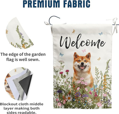 Spring Summer Garden Flag Floral Shiba Inu Yard Flag Flower Dog Garden Flags for Outside Small Outdoor Welcome Flags 12x18 Double Sided