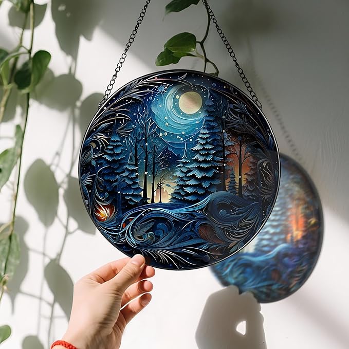 8-Inch Starry Night Forest Suncatcher Ornament, Stained Glass Window Hanging & Stained Glass Holiday Ornament, Sun Catcher Window Decor — Magical Gift for Nature Lovers, Gifts for Christmas & Holidays