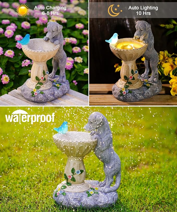 Nacome Solar Dog Statue for Garden Decor: IP44 Weatherproof Resin with Automatic Lighting - No Installation- Outdoor Yard Patio Balcony Art - Birthday Gifts for Bird Lovers Mom Grandma Women