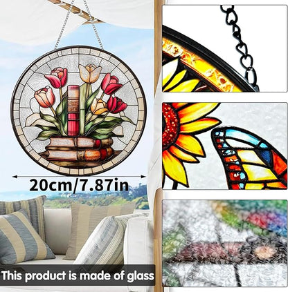 VAIIEYO Book Sun Catcher Stained Glass Window Hanging Ornament, Handmade Sun Catcher Rose Decoration with Hooks for Window Garden Home, Christmas & Birthday Housewarming 7.8 inch