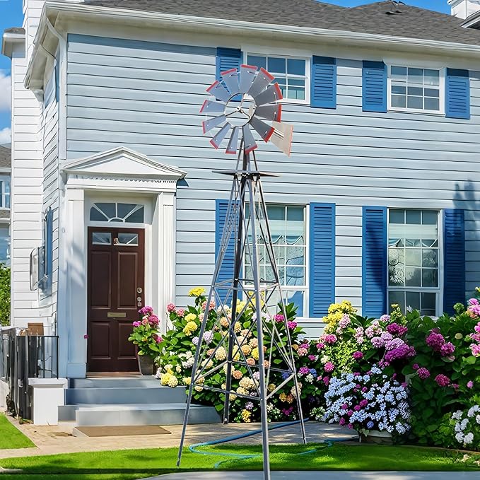 Outvita 8FT Ornamental Windmill, Heavy Duty Durable Metal Weather Vane Garden Decoration Weather Resistant for Garden, Yard, Farm, Seaside (8ft-Gray)