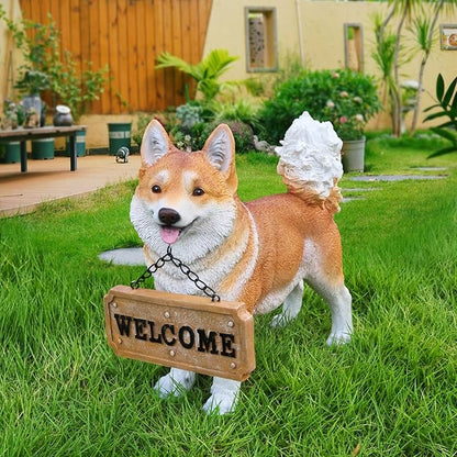Akita Garden Sculpture with Solar Light and Double-Sided Sign, Standing Brown & White Japanese Akita Statue for Outdoor/Indoor Yard Patio Lawn Decor, Realistic Guardian Accent for Porch Pathway