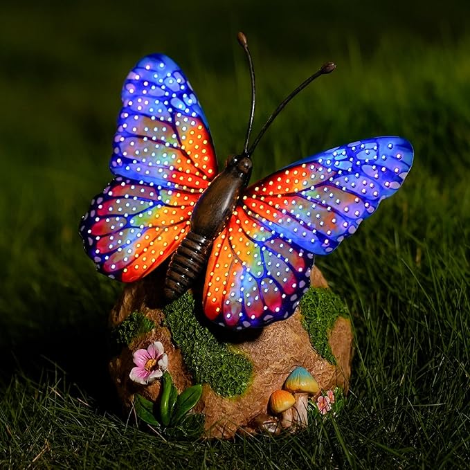 WSgift Solar Butterfly Garden Statue Weatherproof Outdoor Hand-Painted Decor Butterfly Resin Figurine Orange