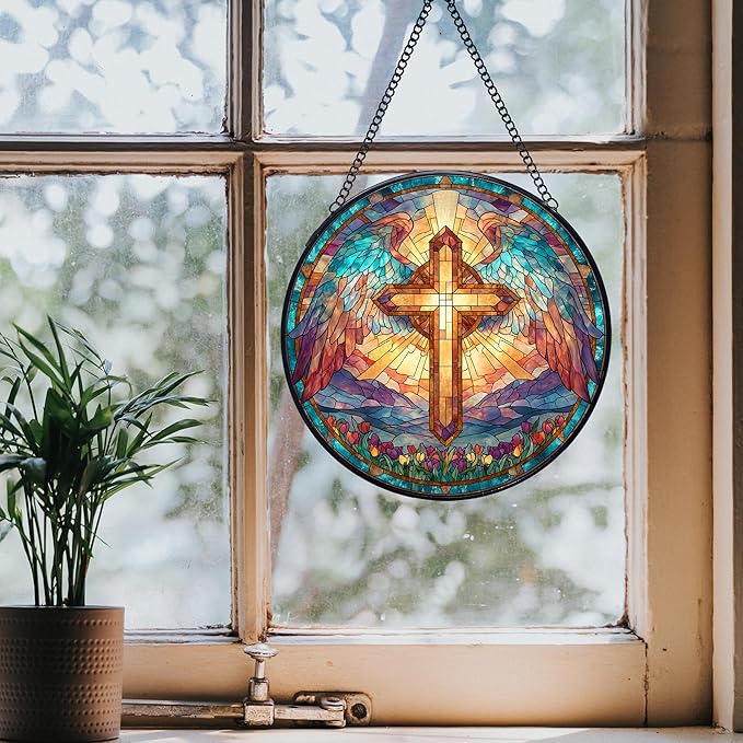 Cross Stained Glass Window Hanging Suncatchers, Christian Cross Sun Catchers Indoor Window Glass Wall Art Decor, Religious Biblical Wall Hanging Decorations Sculptures, 7.9x7.9in