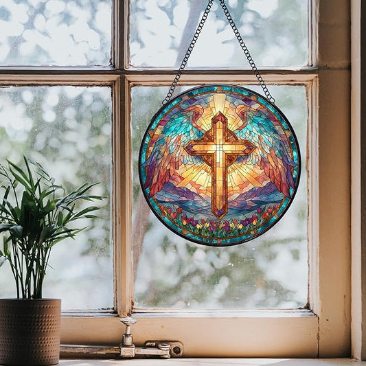 Cross Stained Glass Window Hanging Suncatchers, Christian Cross Sun Catchers Indoor Window Glass Wall Art Decor, Religious Biblical Wall Hanging Decorations Sculptures, 7.9x7.9in