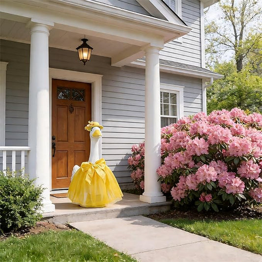 Porch Goose Outfits Four-Layer Mesh Skirt Goose Outfit with Bow Tie Hat for 17-23" Lawn Cement Plastic Geese Statue for Garden Yard Decor Accessories(Yellow)