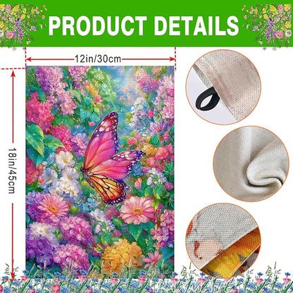 Spring Garden Flag for Outside 12x18 Inch Double Sided, Butterfly Flowers Small Yard Outdoor Flags for Seasonal Spring Summer Farmhouse Holiday Decoration