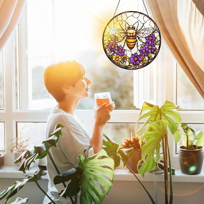Bimkole Bee Stained Glass Suncatcher Window Hanging - Flowers Design for Indoor Window or Doorway Decoration - 7.87x7.87 inch with Chain and Hook - Unique Home Decor Gift