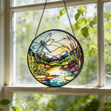 Stained Glass Sun Catcher,Dragonfly and RiverStained Glass Window Hanging Garden Decor,Sun Catchers Indoor Window,Whimsical Decoration for Home Backyard Patio Lawn Porch with 6.3 INCH