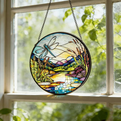 Stained Glass Sun Catcher,Dragonfly and RiverStained Glass Window Hanging Garden Decor,Sun Catchers Indoor Window,Whimsical Decoration for Home Backyard Patio Lawn Porch with 7.9 INCH