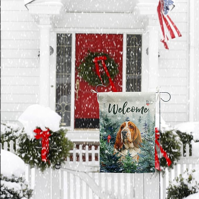 Welcome Winter Garden Flags Basset Hound Garden Flag Cardinal Birds on Snowy Pine Tree Flag Dog Yard Flags for Outside 12x18 Double Sided Christmas Decorative