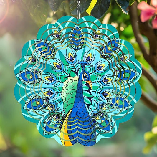 Wind Spinner Mandala 12 inch 3D Stainless Steel Laser Cut Metal Art Geometric Pattern Hanging Wind Spinner (Peacock)