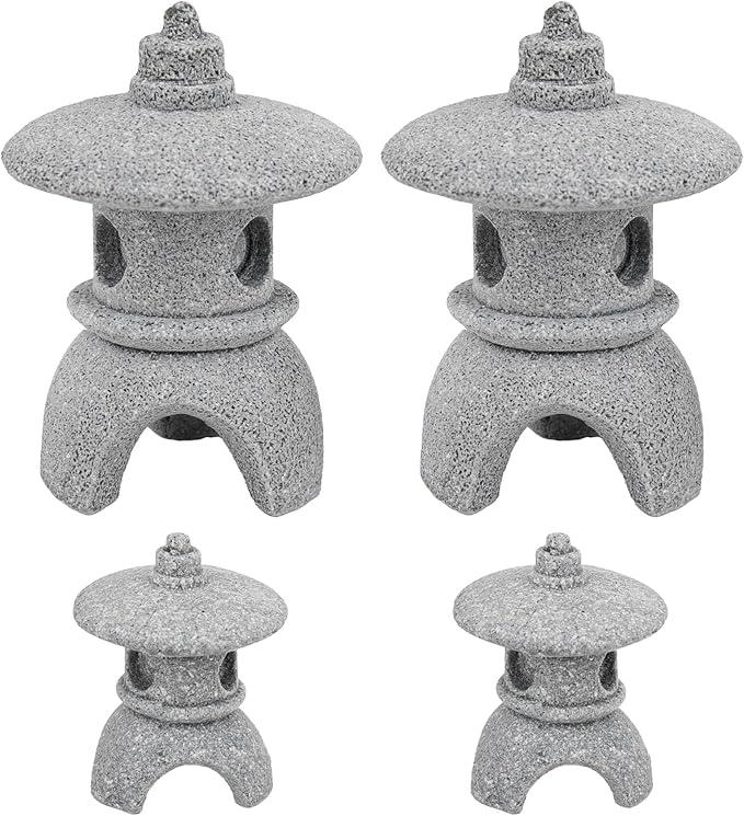 Framendino, 4 Pack Miniature Lantern Pagoda Statues Mini Zen Style Stone Lamp Decor for Bonsai Garden Decoration