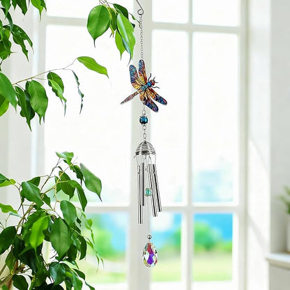 YU FENG 21" Dragonfly Wind Chimes for Outdoor Garden Patio – Colorful Metal with Crystal Suncatcher, Lucky Memorial Gift for Mom Grandma Women