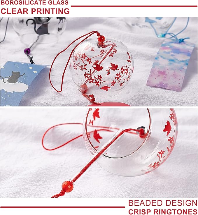 BENECREAT 3Pcs Japanese Glass Wind Chime, Handmade Wind Bells with Red/Blue/Black Pendants for Home Garden Decor, Birthday Gift