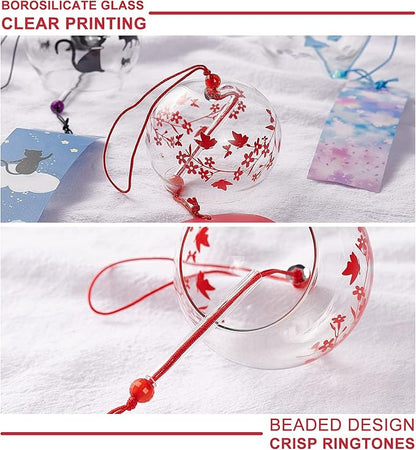 BENECREAT 3Pcs Japanese Glass Wind Chime, Handmade Wind Bells with Red/Blue/Black Pendants for Home Garden Decor, Birthday Gift