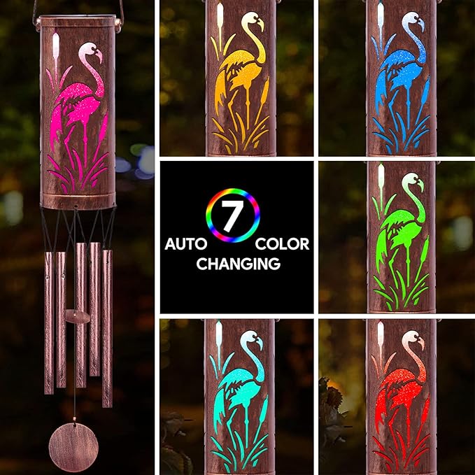 FSVGYY Solar Wind Chimes Hanging Lights Outdoor Metal Wind Chimes Memorial Wind Chime for Garden/Patio Decor Gifts for Women, Grandma, Mom (30" Metal Chimes/Flamingo)