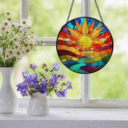 Sunshine Suncatcher Stained Glass Window Hanging, Nature Sunset Landscape Sun Catchers Indoor Window Glass Wall Art Decor, Sun Wall Hanging Decor Decorations, 7.9x7.9 Inch