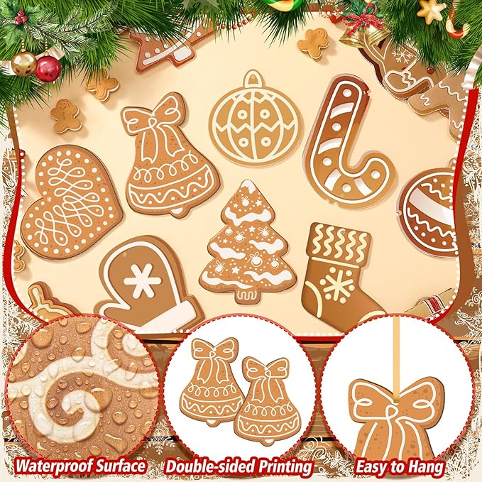Rtteri 30 Pcs Christmas Gingerbread House Decorations Bulk 5 x 6 Inch Double Sided Snowflake Gingerbread Candy Canes Plastic Hanging Ornaments for Xmas Tree Yard Porch Lawn Holiday Decorations